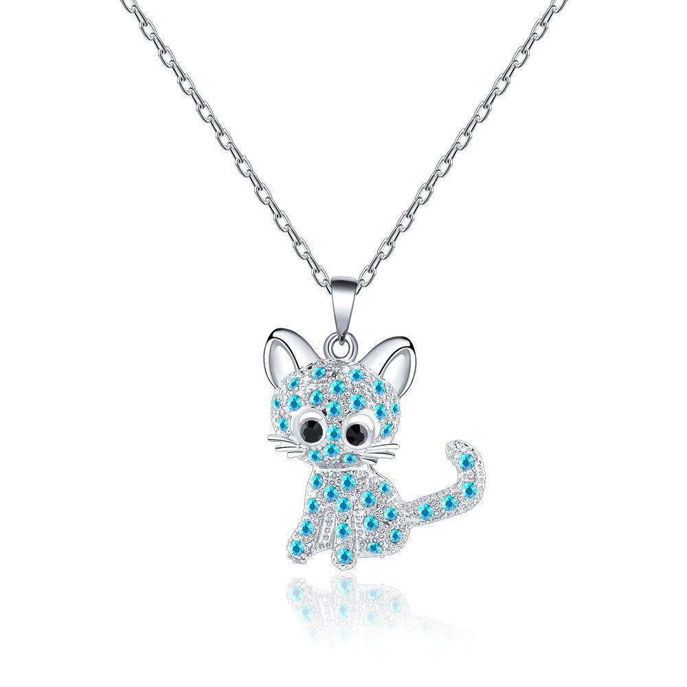 [Australia] - VU100 Silver Cat Necklace for Women Girls Kitty Cat Pendant Jewelry with Blue Shiny Crystal Cat Lover Gifts for Birthday Christmas Party 