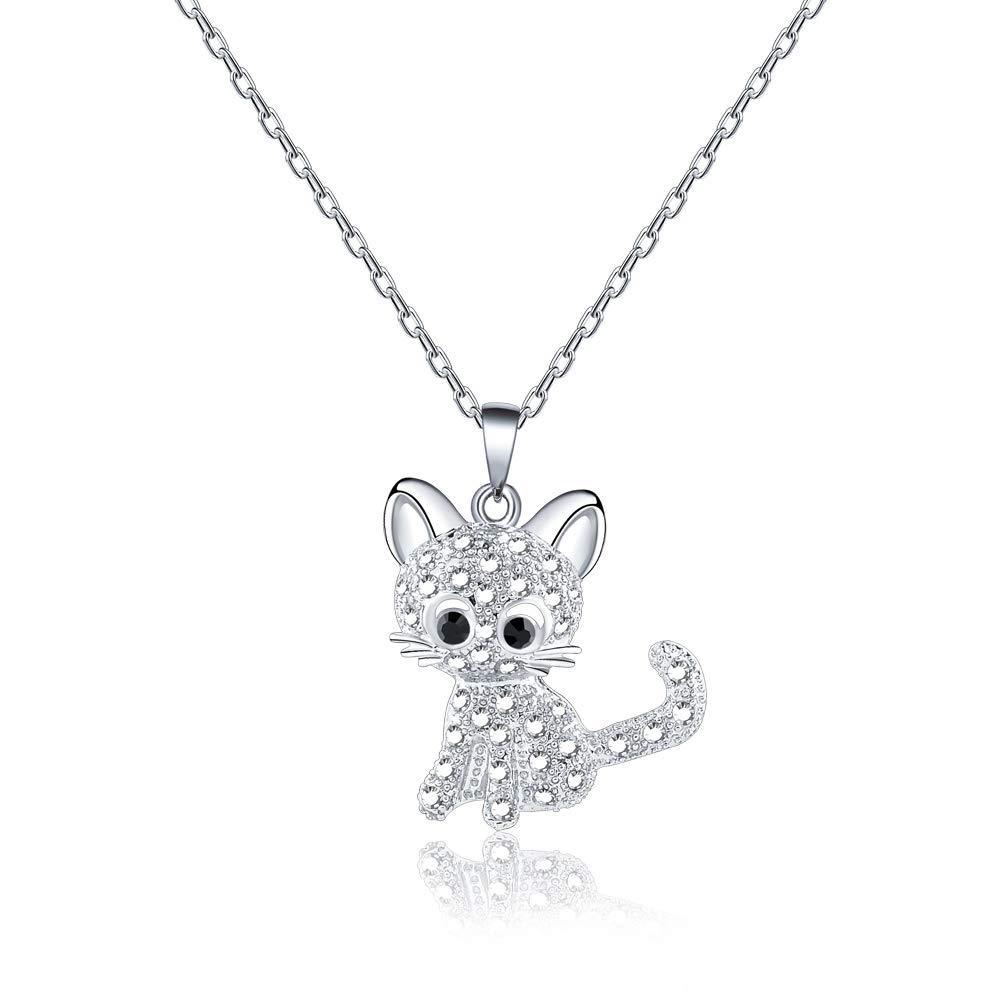 [Australia] - VU100 Silver Cat Necklace for Women Girls Kitty Cat Pendant Jewelry with Shiny White Crystal Cat Lover Gifts for Birthday Christmas Party 
