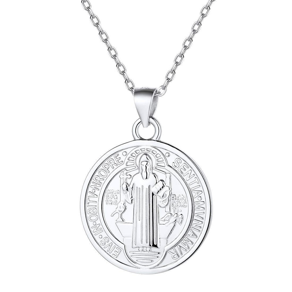 [Australia] - 925 Sterling Silver/18K Gold Plated Praying Hands/Virgin Mary/Jesusu Crucifix Cross/St. Benedict Medallion Women Men Christian Jewellery(with Gift Box) 07-silver St. Benedict 