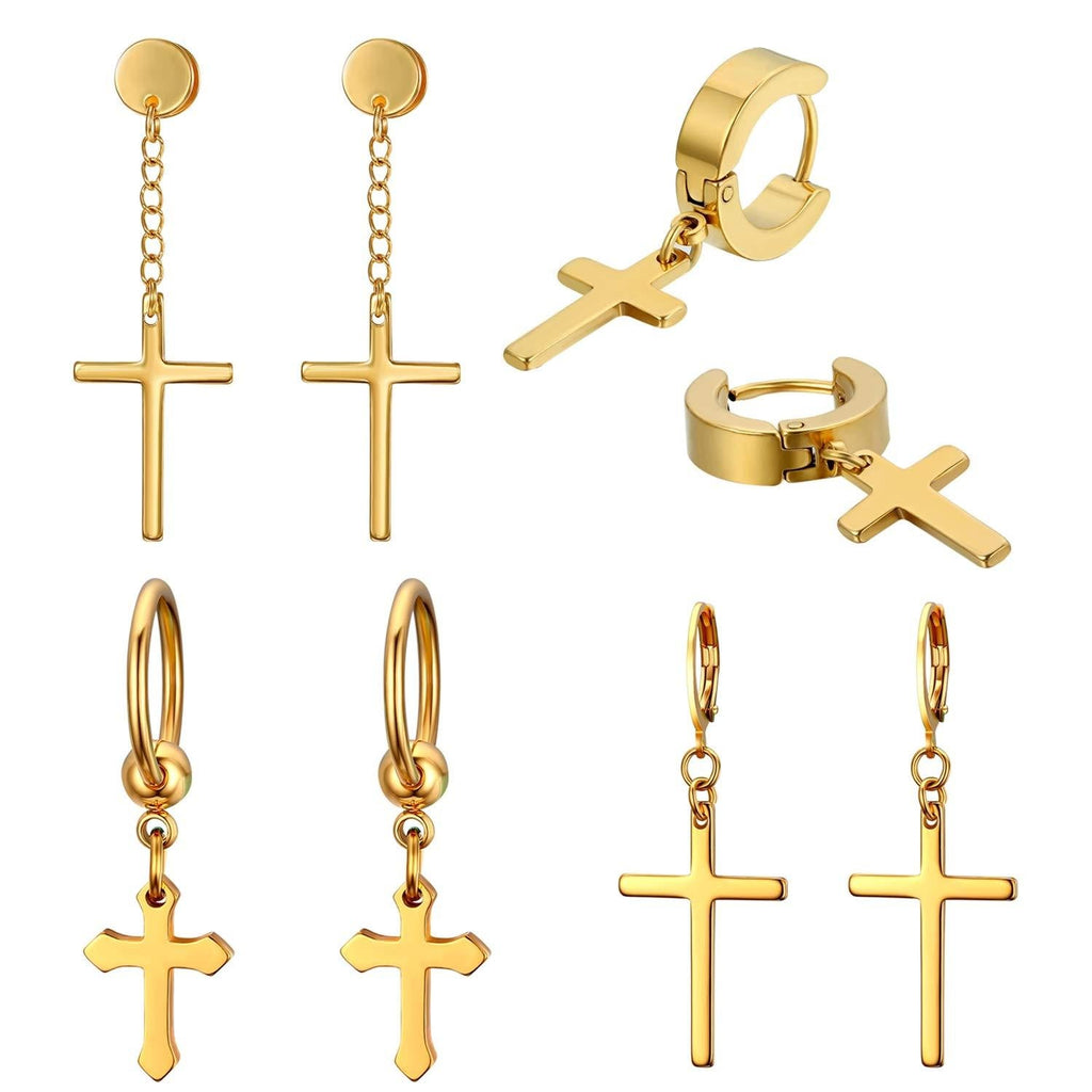 [Australia] - JewelryWe 4 Pairs Cross Earrings,Stainless Steel Hinged Hoop Cross Dangling Stud Earrings for Men Women(gold) 
