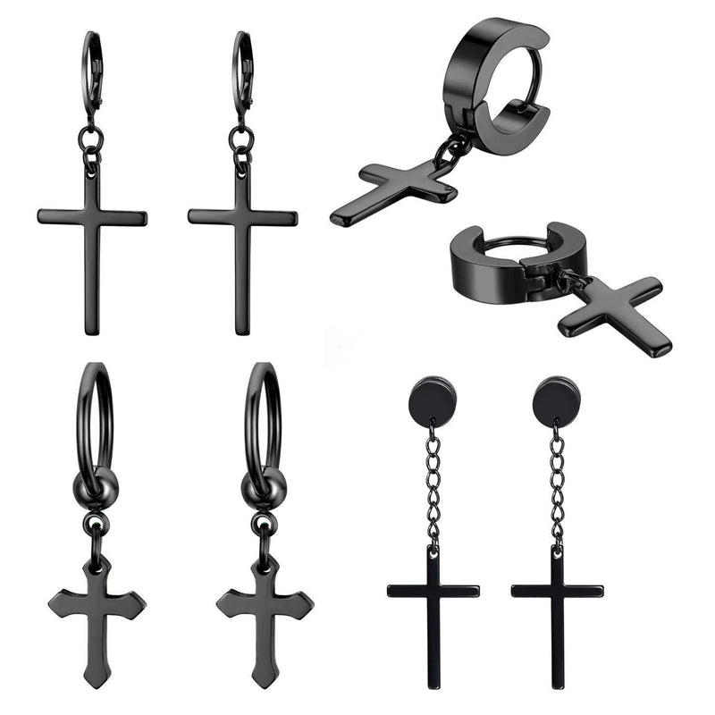 [Australia] - JewelryWe 4 Pairs Cross Earrings,Stainless Steel Hinged Hoop Cross Dangling Stud Earrings for Men Women(Black) 
