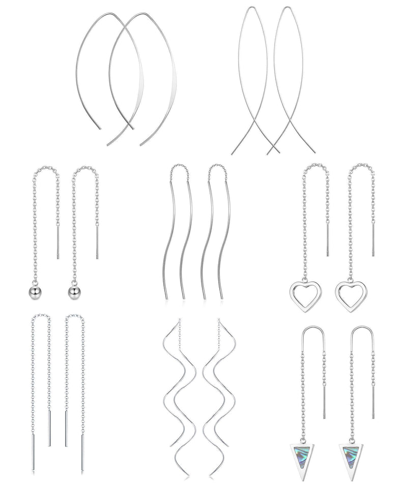 [Australia] - Milacolato 8Pairs Stainless Steel Curved Threader Earrings for Women Drop Dangle Tassel Chain Earrings Set Lightweight A:Silver Tone 