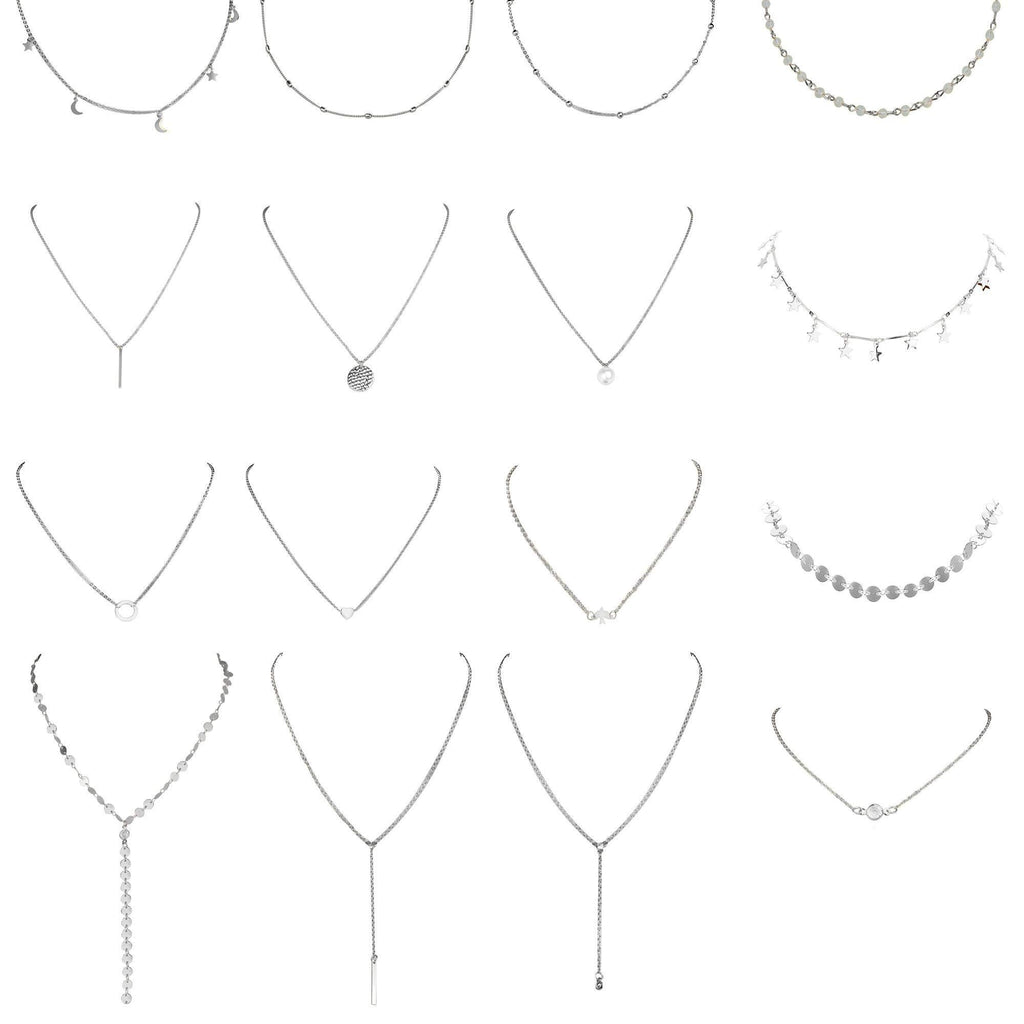 [Australia] - CASSIECA 16PCS Multi-Layer Choker Necklace for Women Girl Sexy Long Chain Pendant Necklace Set Multilayer Vintage Layered Necklace Adjustable Silver-tone 