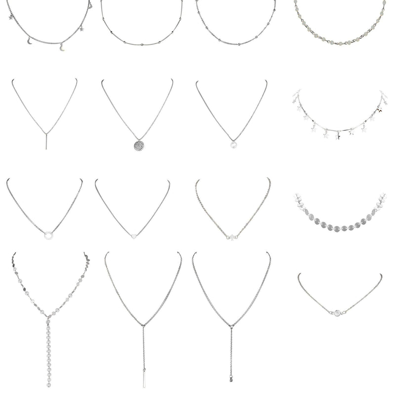 [Australia] - CASSIECA 16PCS Multi-Layer Choker Necklace for Women Girl Sexy Long Chain Pendant Necklace Set Multilayer Vintage Layered Necklace Adjustable Silver-tone 