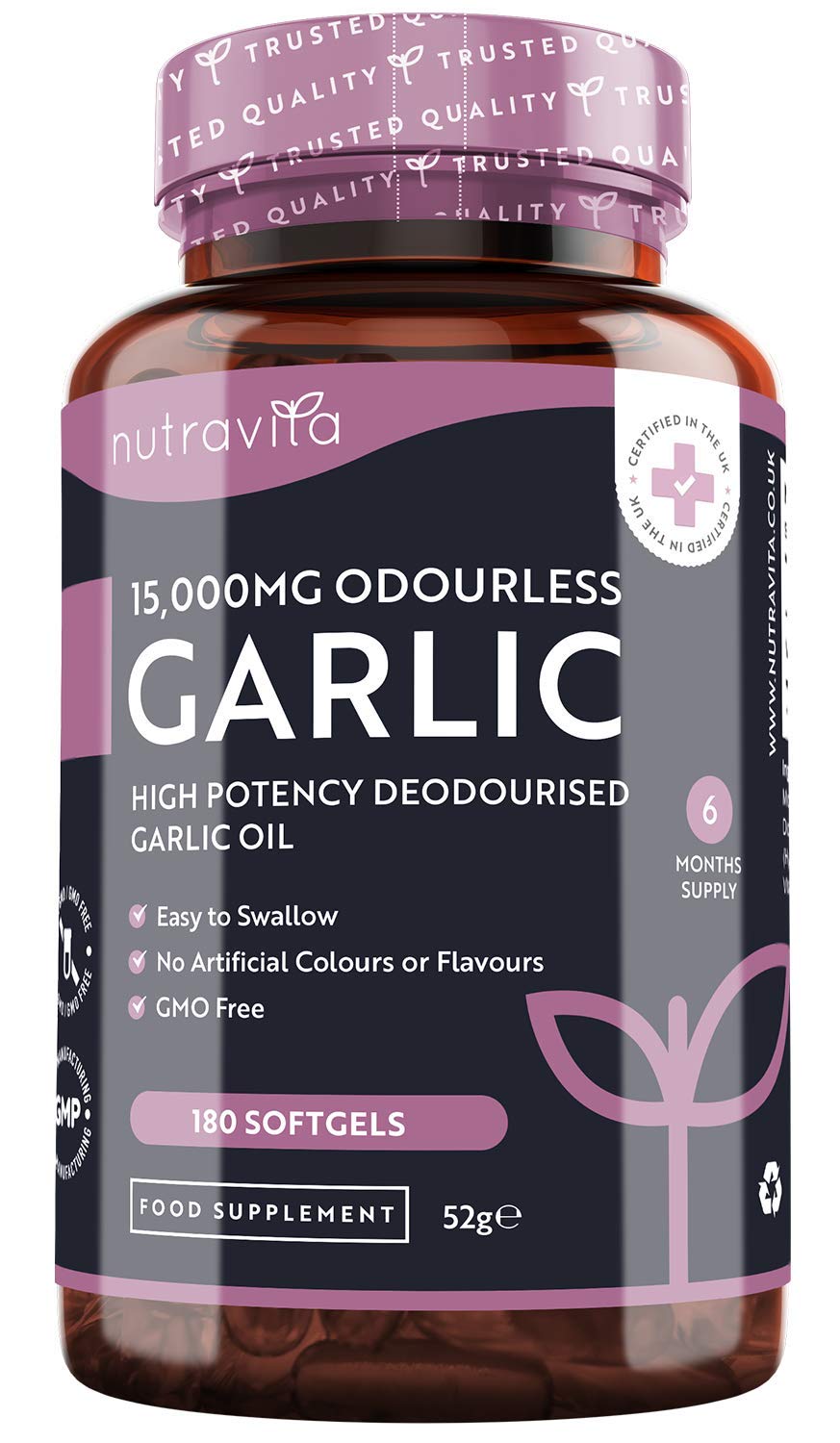 [Australia] - Premium Garlic Capsules - Odourless High Strength 15,000mg - 180 Soft Gel Capsules of Deodourised Cold Pressed Garlic Oil from Allium Sativum – 6 Month Supply - Made in The UK by Nutravita 