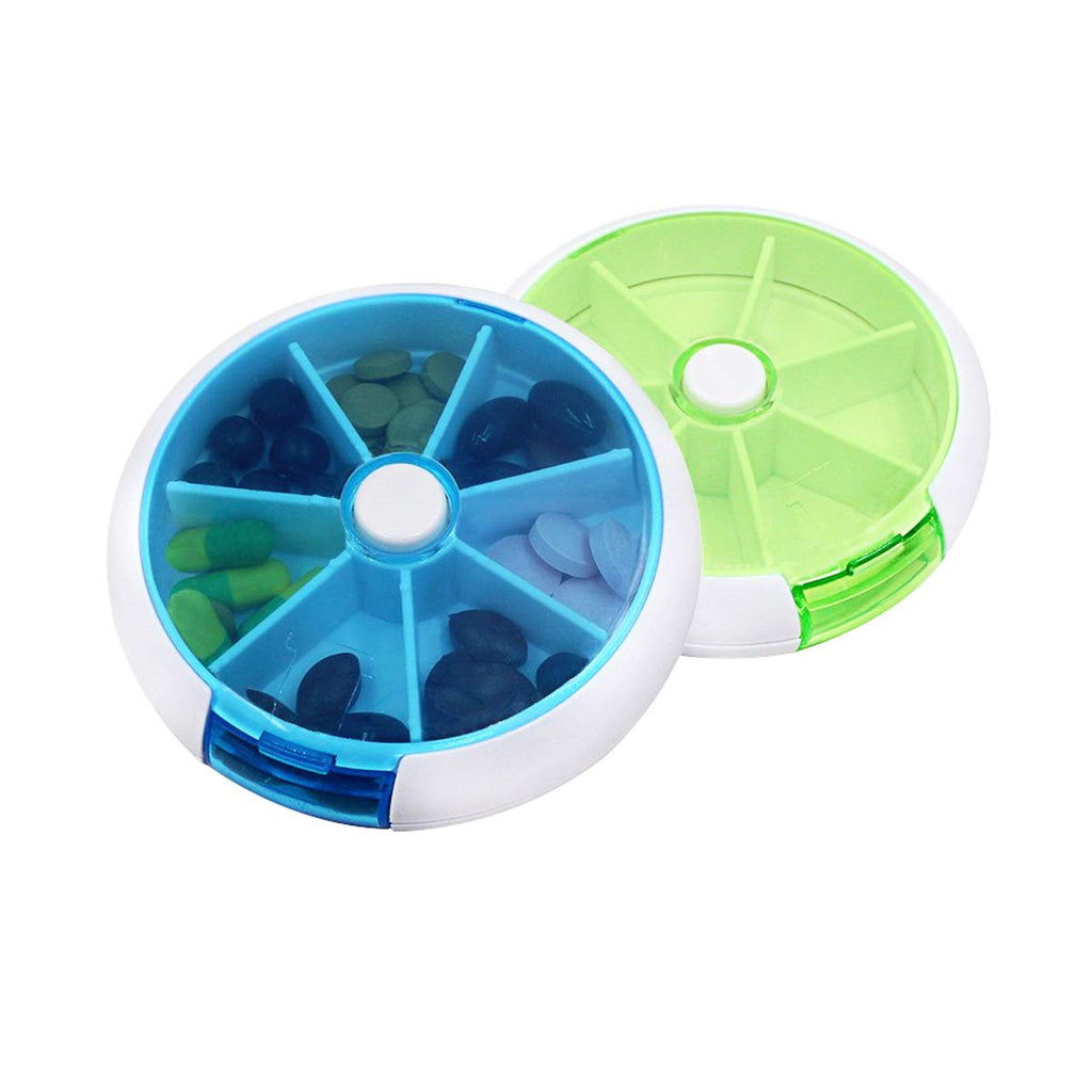 [Australia] - 2pcs Pill Box, BetterJonny Portable Automatic Rotary Round 7 Days Pill Cases Tray Medicine Box Holder Green and Blue 