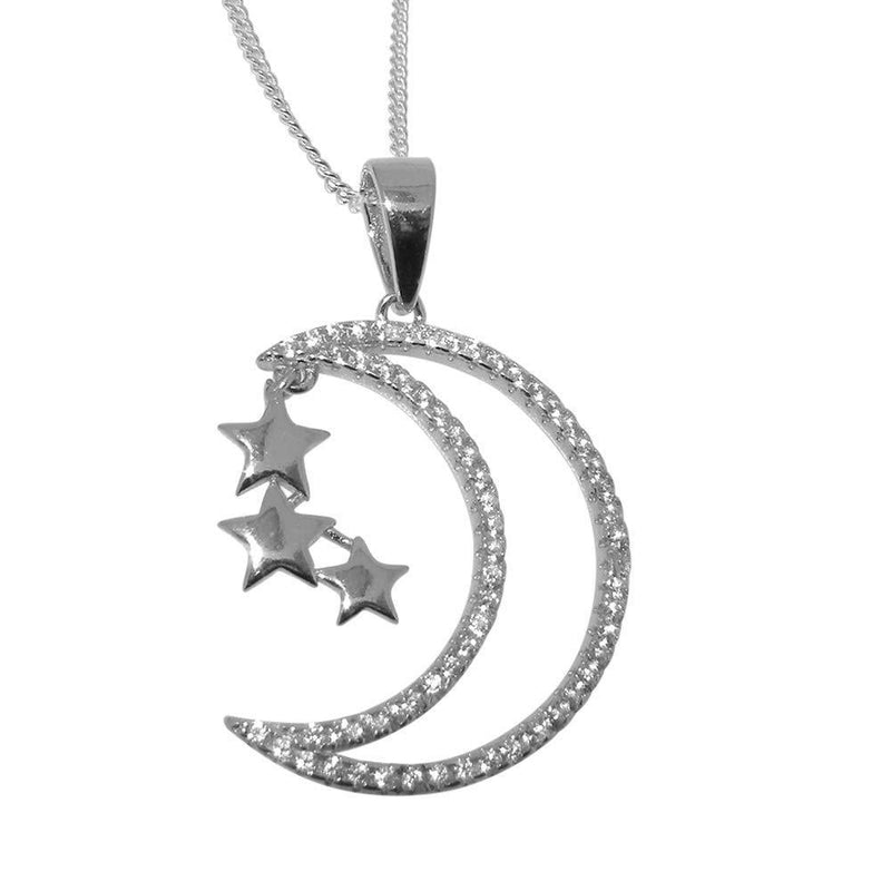 [Australia] - Solid 925 Sterling Silver Cubic Zirconia CZ Crescent Moon & Star Pendant & Chain Necklace - Choice of Chain lengths 18.0 Inches 