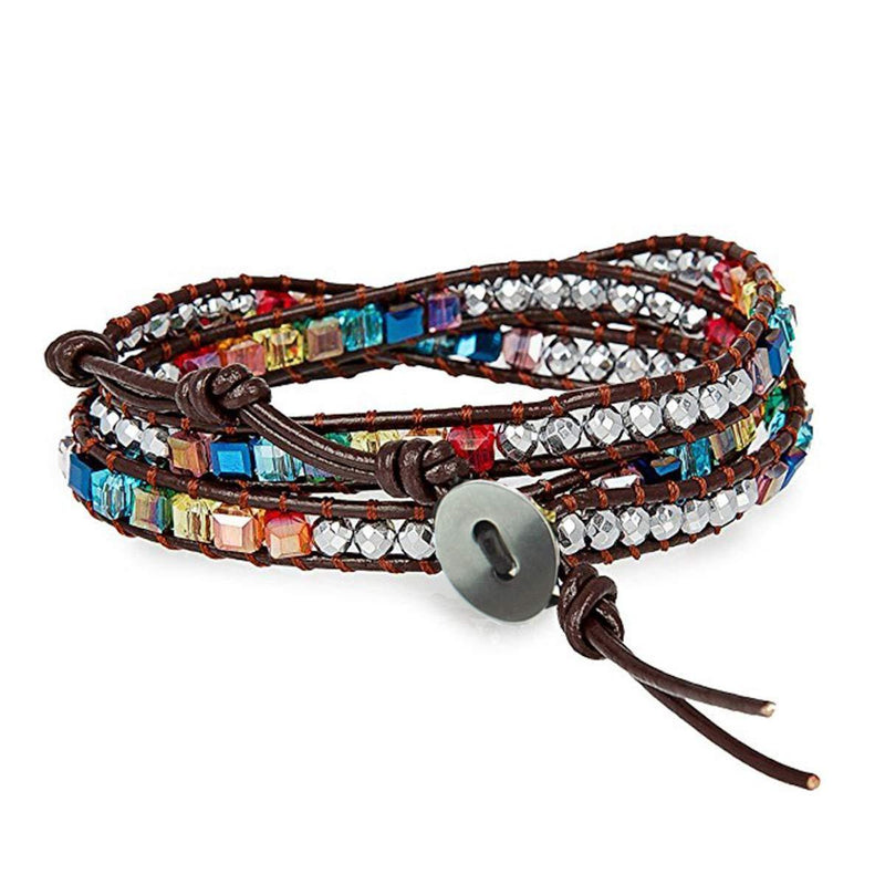 [Australia] - Fashion Jewelry Colorful Multilayer Crystal Gemstone Bracelet for Women - Bangle Hand-knitted Knot String Rope Leather & Bead Wrap Accessories 