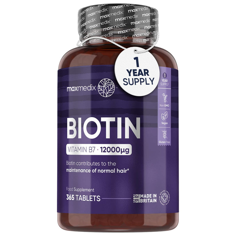[Australia] - Biotin Hair Growth Supplement 12000mcg - 365 Vegan Biotin Tablets (1 Year Supply) - Hair Skin and Nails Vitamins for Women and Men � High Absorption D-Biotin - Made in The UK 