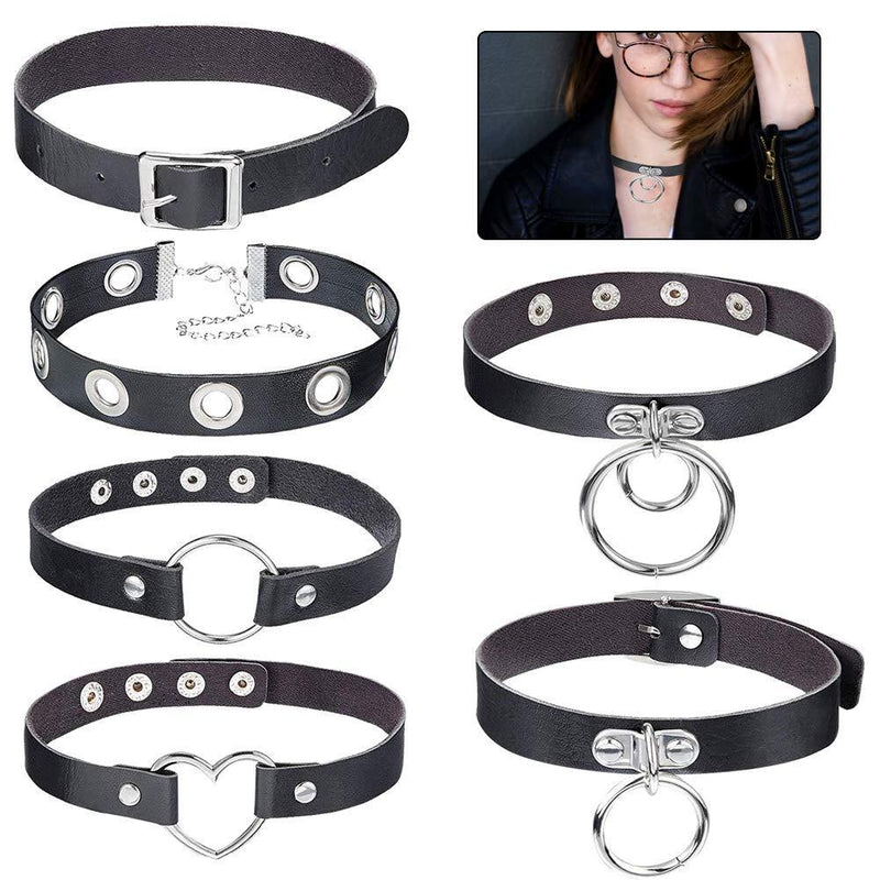 [Australia] - BEHAHAI 6 PCS Black Leather Choker O Ring Vintage Gothic Punk Choker Fancy Dress Rock Choker Necklace PU Leather Collar Choker For Women Men Accessory 