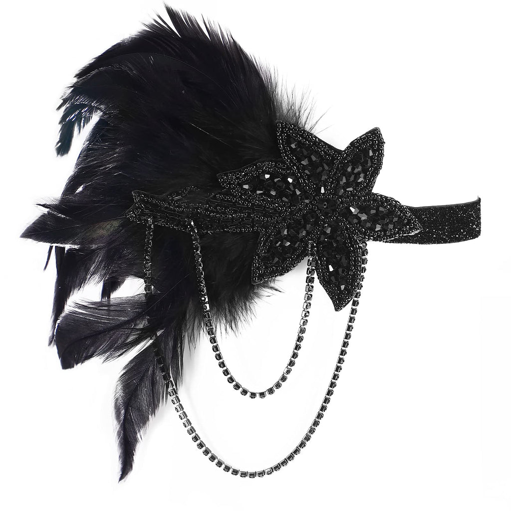 [Australia] - Minkissy Feather Headband Tassel Vintage 1920s Flapper Headpiece Roaring 20s Gatsby Costume Hair Accessories for Women Ladies Bride (Black) 