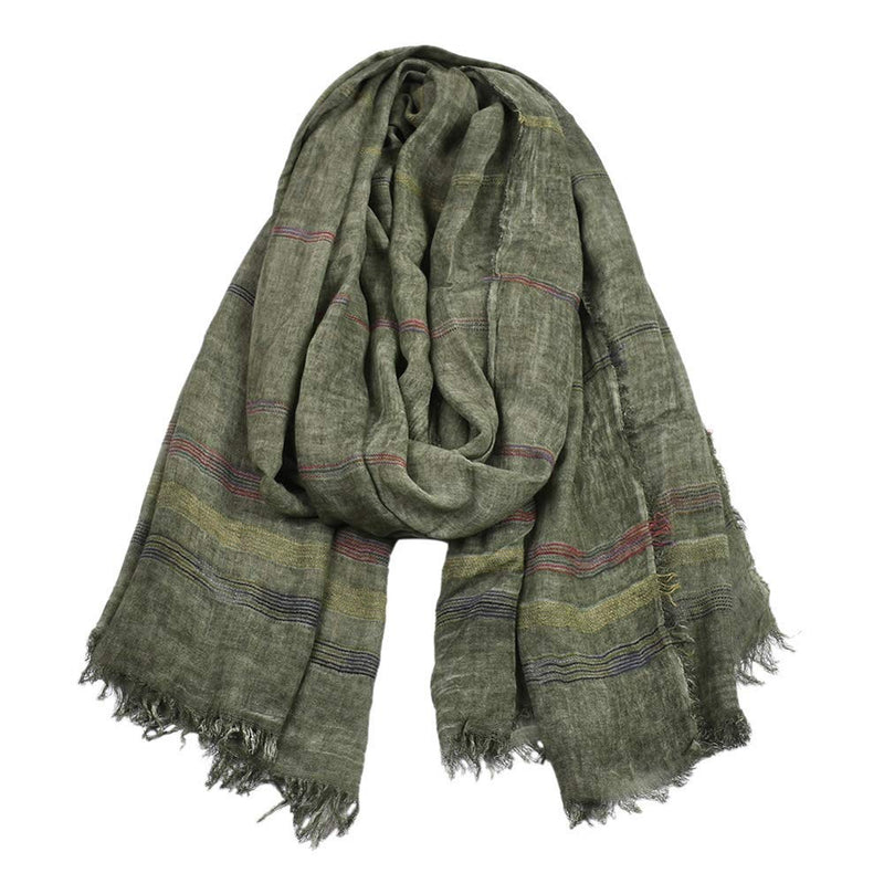 [Australia] - Kangqifen Unisex Soft Striped Scarf with Tassels Cotton Linen Solid Color Scarves 75 x 35 inch Dark Green 