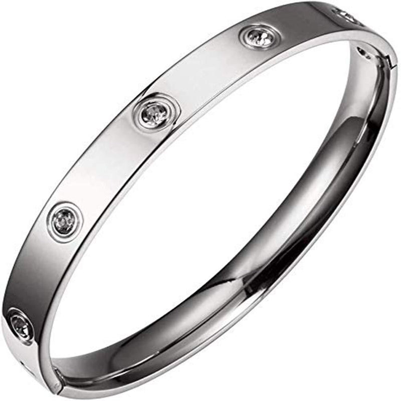 [Australia] - Men Women's Oval Pave Crystal CZ Cuff Stainless Steel Bangle Bracelet Jewelry 7.5'' Silver 