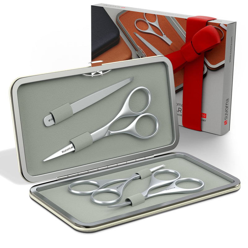[Australia] - Suvorna Men's 4 Pcs Facial Hair Scissors Set/Kit. Contains 4.5" Mustache & Beard, Ears & Nose and Eyebrow Scissors Along with Slant Tweezers. Awesome Metal & Leather Case.! (Egg White) Egg White 