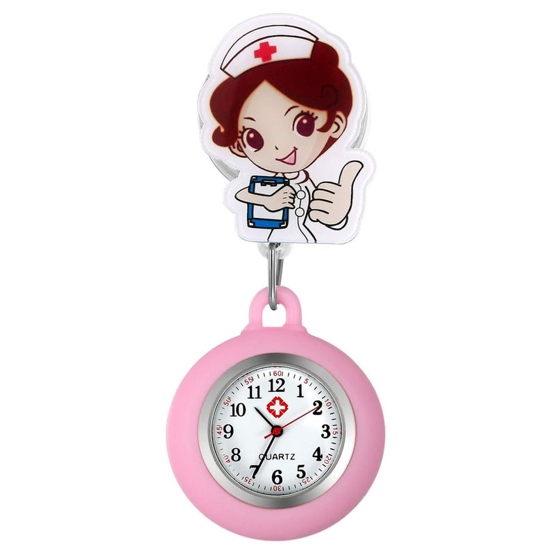 [Australia] - AVANER Retractable Nurse Watches Clip-on Hanging Fob Watches Cute Cartoon Pattern Lapel Watches for Nurses Doctors with Silicone Cover Pink-2 