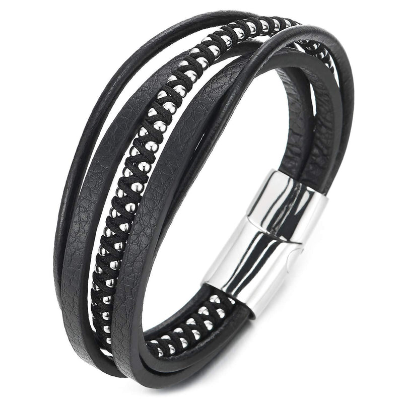 [Australia] - COOLSTEELANDBEYOND Men Ladies Multi-Strand Black Leather Cotton Rope Braided Steel Chain Bracelet with Magnetic Clasp 