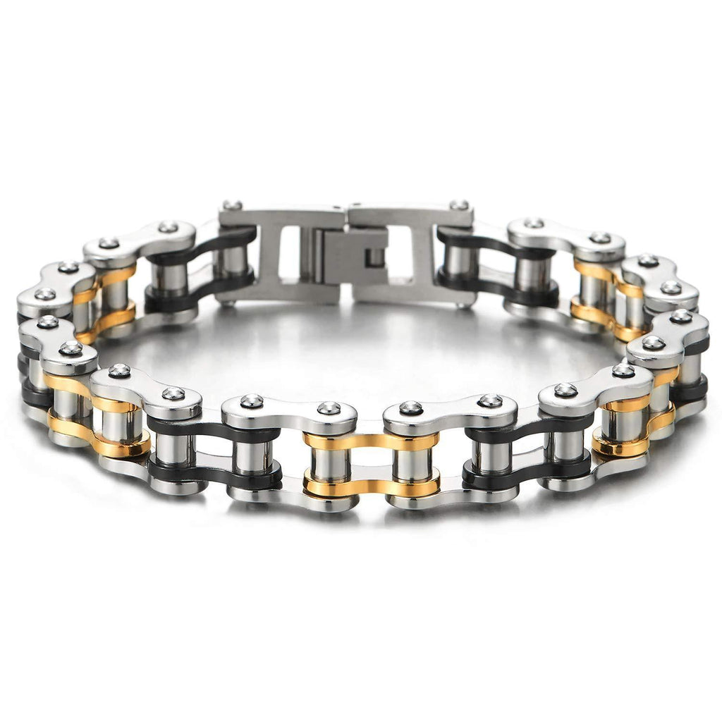 [Australia] - COOLSTEELANDBEYOND Mens Stainless Steel Silver Black Gold Bike Chain Motorcycle Chain Bangle Bracelet with Buckle Clasp 