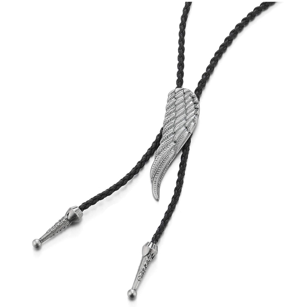 [Australia] - COOLSTEELANDBEYOND Vintage Angel Wing Bolo Tie Necktie, Lariat Necklace, Black Braided Leather Rodeo Long Y Necklace 