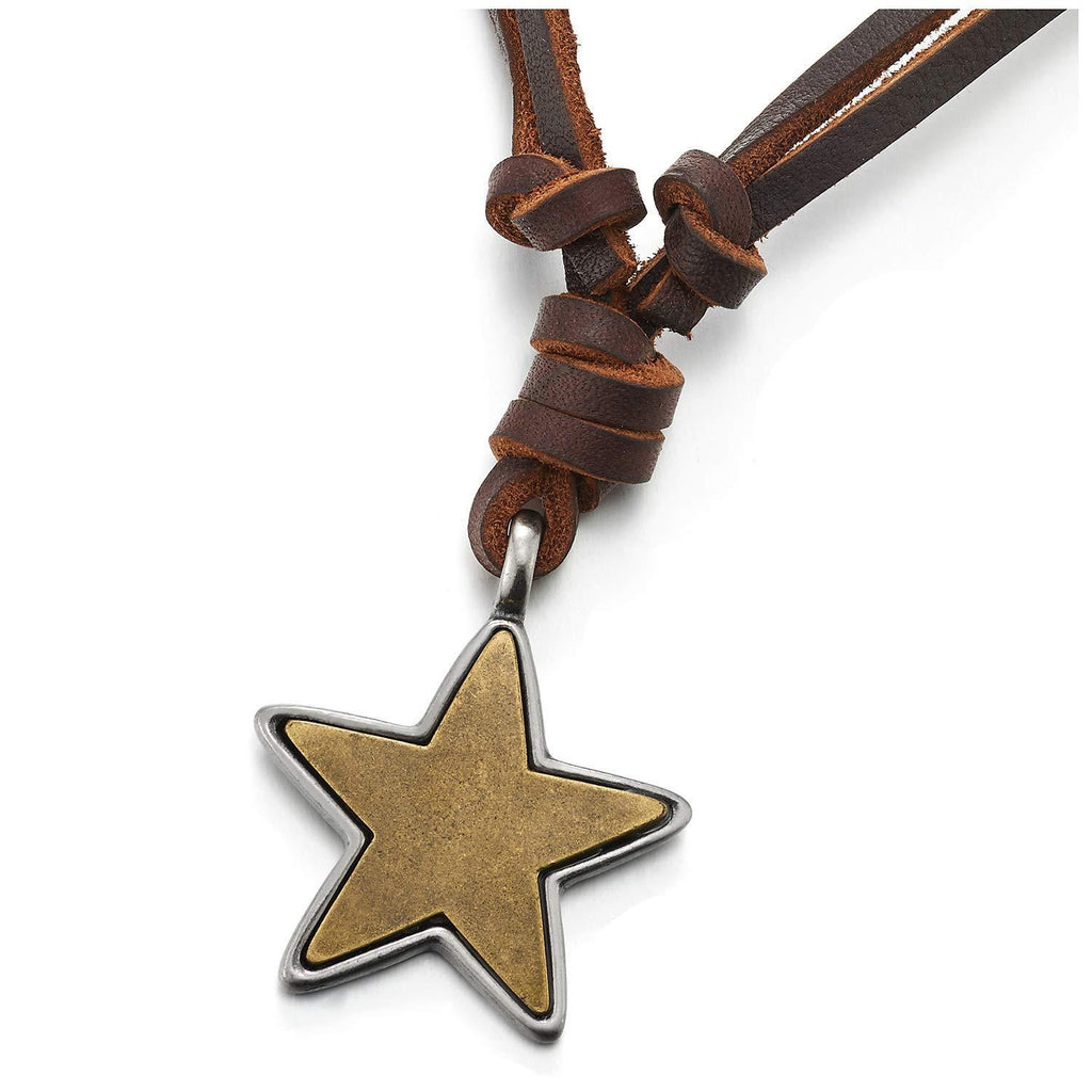 [Australia] - COOLSTEELANDBEYOND Men Women Vintage Silver Aged Brass Pentagram Star Pendant Necklace Adjustable Brown Leather Cord 