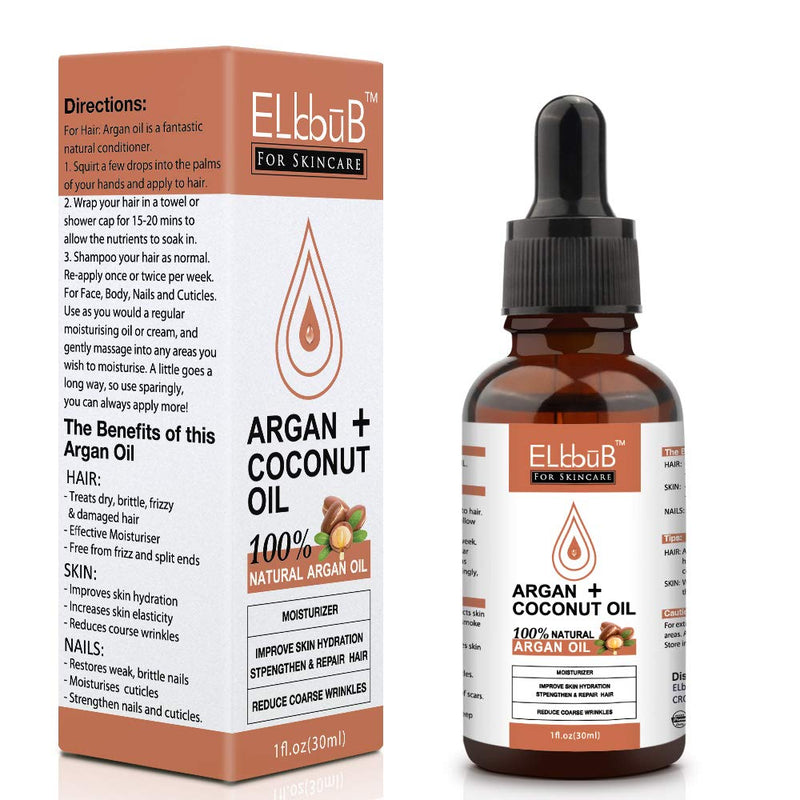 [Australia] - Argan Oil + Coconut Oil For Face, Hair, Skin, Nails - Reduces Wrinkles, Improves Skin Hydration, Increases Skin Elasticity - Great for Dry Scalp, Split Ends, Dry & Damaged Hair 