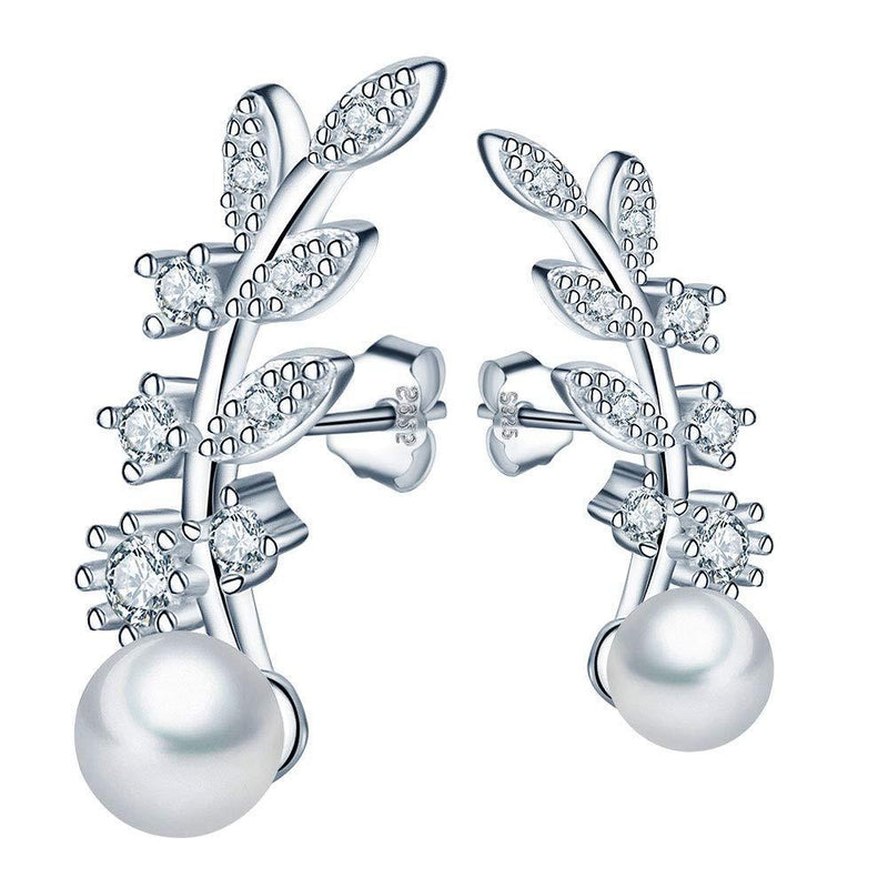 [Australia] - MICGIGI-Women Stylish Leaves Pearl Earrings 925 Sterling Silver Zirconia Stud Earrings 5mm Pearl(Silver) 