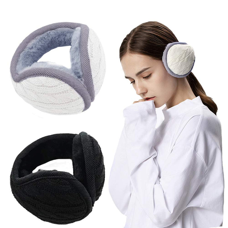 [Australia] - Ear Muffs Women, Ear Muffs Men Foldable Plush Knitted Wrap Around Ear Muffs for Adult 2 Pieces (Black & White) 