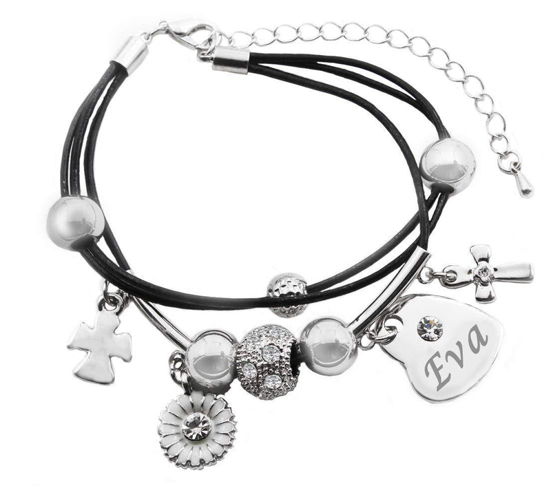 [Australia] - Kigu EVA Name Bracelet - Genuine Leather Multi Strand Bracelet & 18K White Gold Plated Engraved Heart Charm 