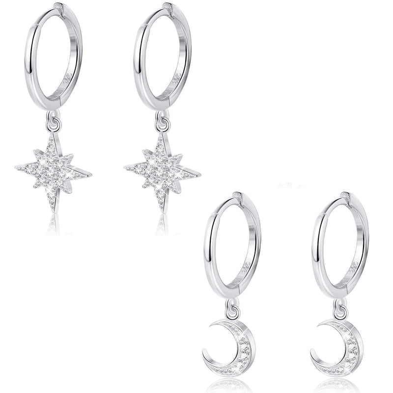 [Australia] - Milacolato 2 Pairs 925 Sterling Silver Moon Star Dangle Hoop Earring CZ Drop Huggie Cartilage Cute Earring Set for Women 