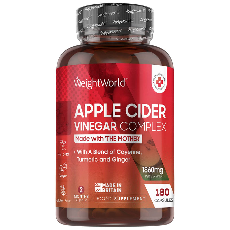 [Australia] - Apple Cider Vinegar with Mother - 180 ACV Complex Capsules - 1860mg High Strength Apple Cider Vinegar, Turmeric, Ginger, & Pepper Supplement with Vegan Live Cultures - Made in The UK 