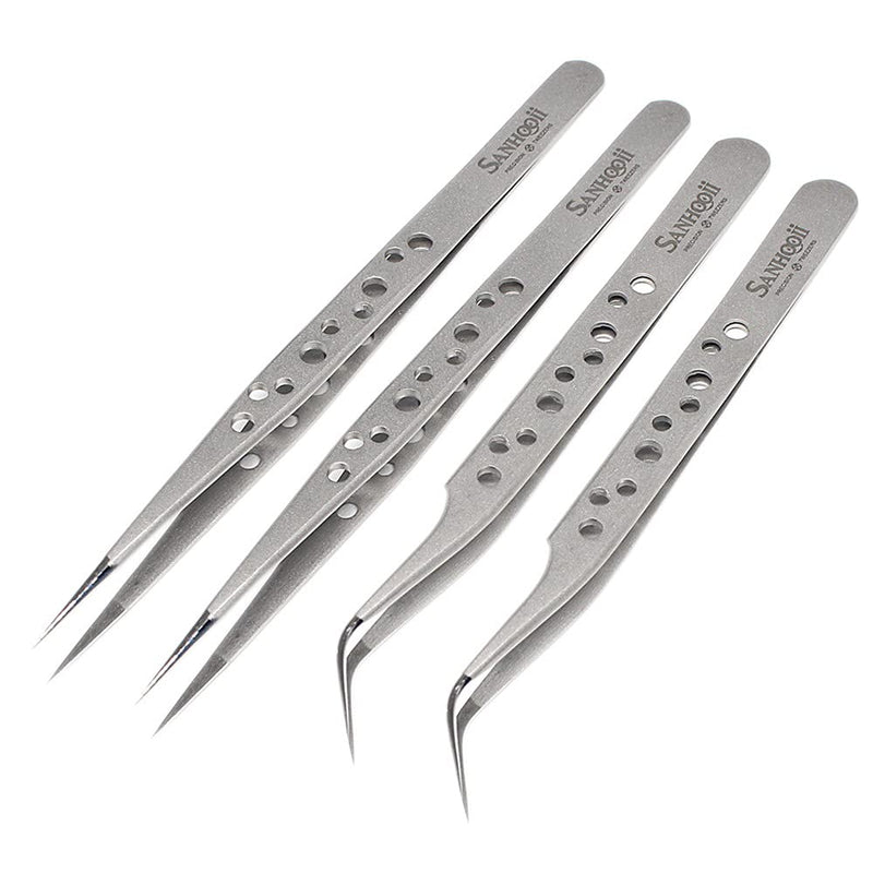 [Australia] - Sanhooii 4-Piece Tweezers Set Anti-Static Stainless Steel Precision ESD Tweezers 2 Straight 2 Curved for Tools for Electronics Jewellery Making Industry Grip Silver 