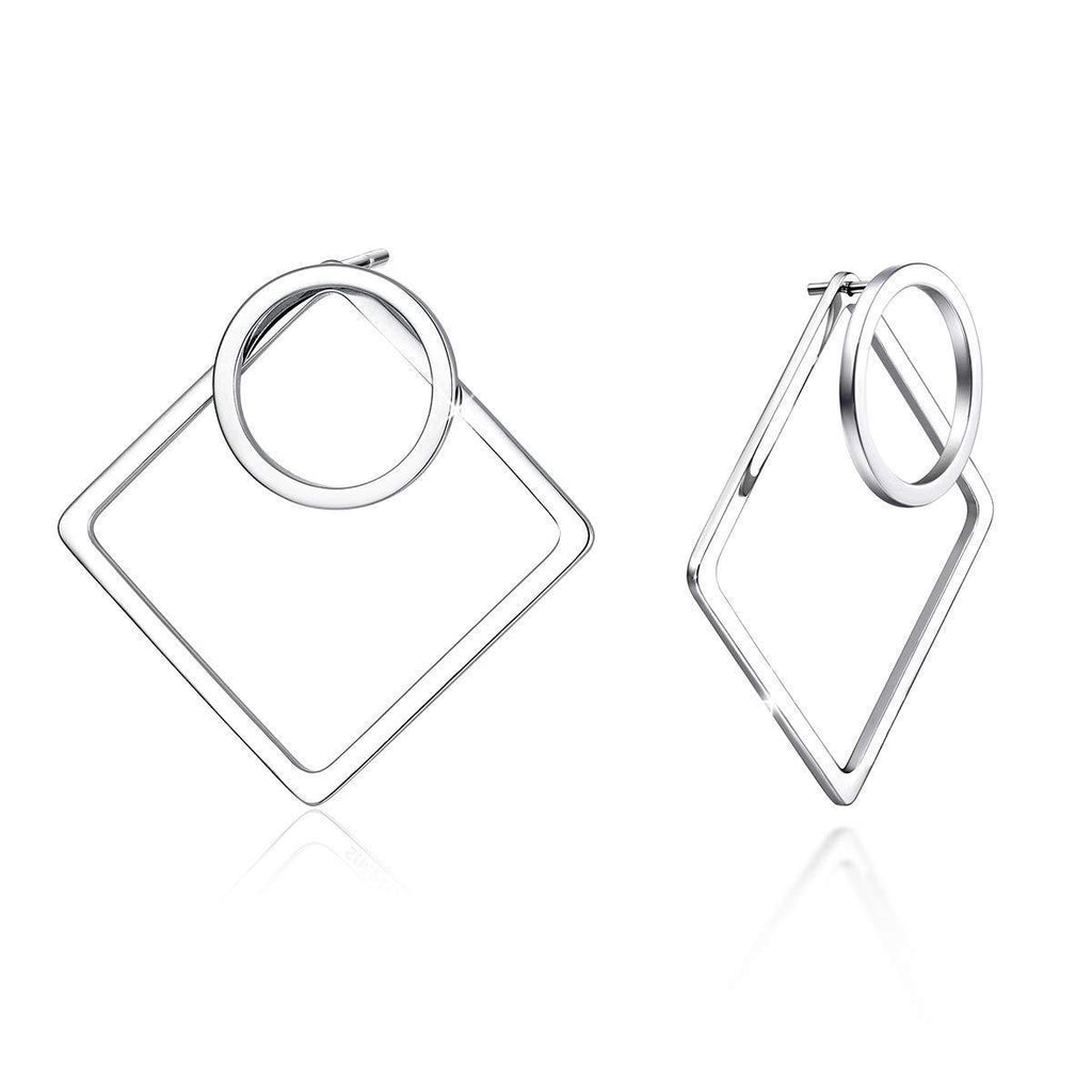 [Australia] - SIMPLGIRL Geometric Earrings 925 Sterling Silver Post Small Open Circle and Square Stud Earrings for Women, Front and Back 2 in 1 Valentine's Day Mother's Day Gift Square Earrings 