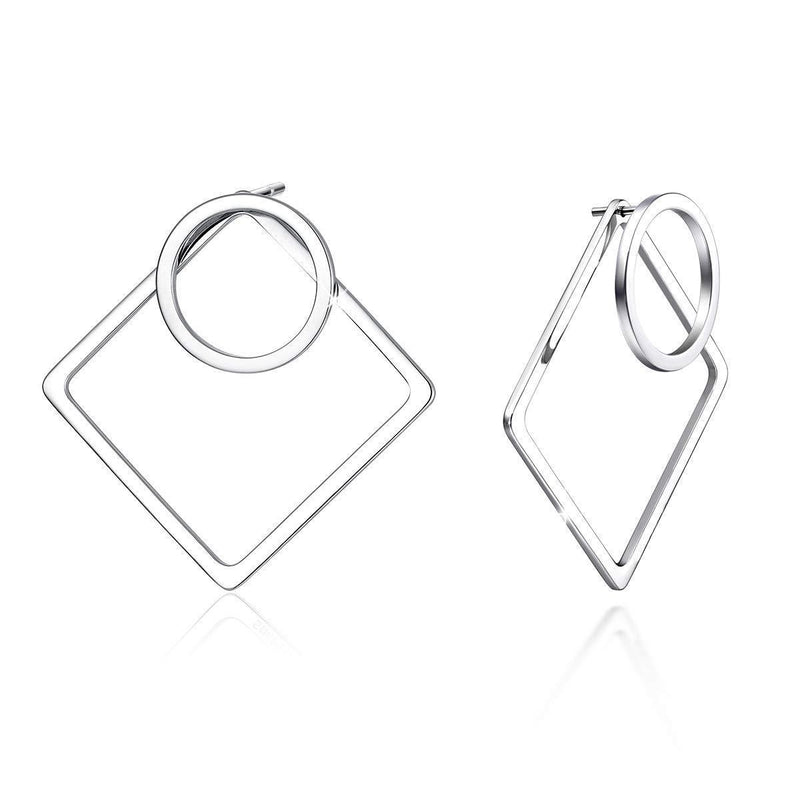 [Australia] - SIMPLGIRL Geometric Earrings 925 Sterling Silver Post Small Open Circle and Square Stud Earrings for Women, Front and Back 2 in 1 Valentine's Day Mother's Day Gift Square Earrings 
