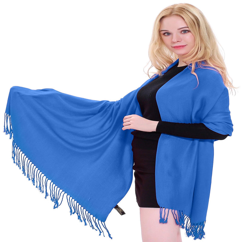 [Australia] - Solid Color Design Shawl Scarf Wrap Stole Throw Head Wrap Tassels Face Cover Hand Made in Nepal Pashmina CJ Apparel NEW Blue 