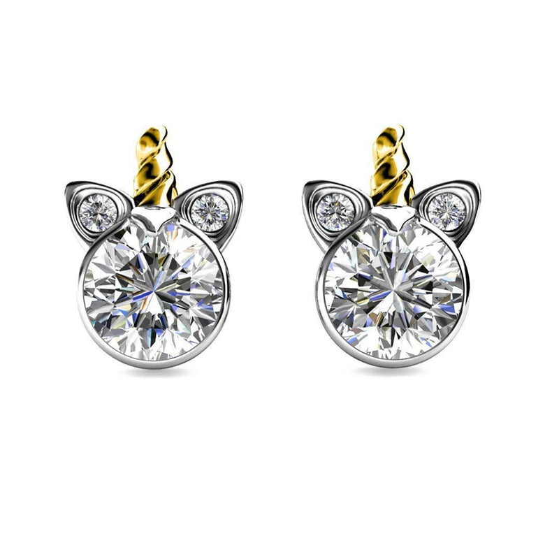 [Australia] - Silver Small Unicorn Stud Swarovski Crystal Earrings with Gold Horn - Rhodium and 18ct Gold Plated for Girl's Birthday or Christmas Gift 