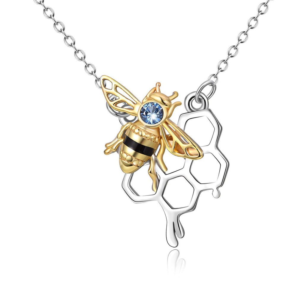 [Australia] - Honeycomb Bee Pendant Necklace 925 Sterling Silver Bee Jewellery Birthday Gifts for Women Girls 