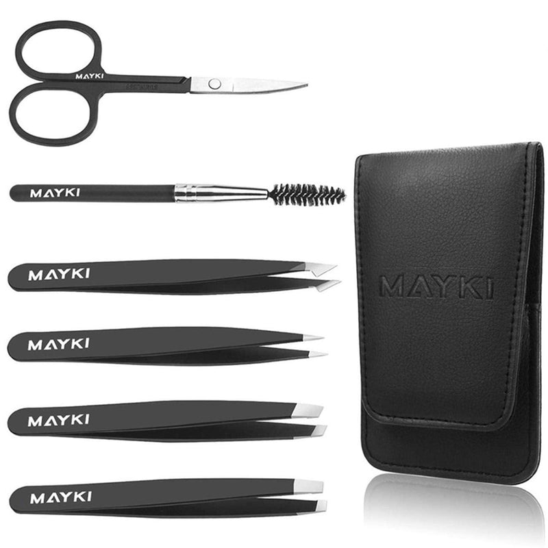 [Australia] - Eyebrow Tweezers Set 6 PCS, Professional Stainless Steel Eyebrow Tweezers Kit for Women/Men, Great Precision Tweezers Set for Eyebrow/Facial Hair Removal/Ingrown Hairs/Splinter/Tick Remover by MAYKI Black 