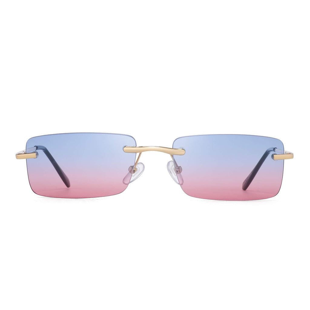 [Australia] - GLINDAR Vintage Rectangular Sunglasses Slender Rimless Clear Eyewear Spring Hinge Gold Frame / Blue Pink Lens 