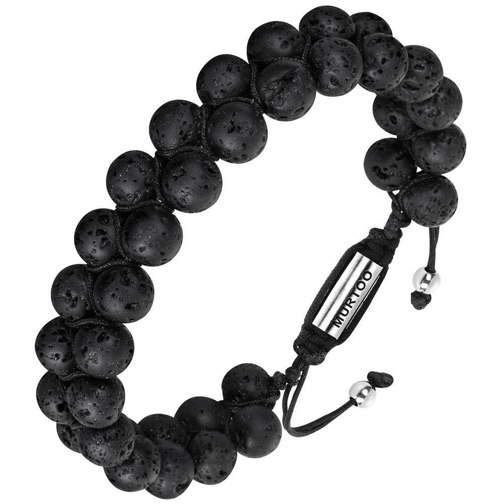 [Australia] - murtoo Bead Bracelets for Women Men Handmade Adjustable Womens Mens Bracelets Lava Stone and Tiger Eye Beads with Double Layer Bracelets Carbon Black 8.0 Inches 