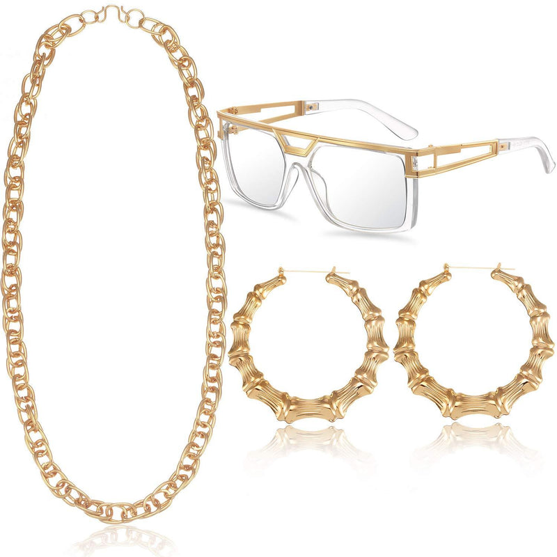 [Australia] - Hip Hop Woman Costume Kit Old School Rapper Sunglasses Faux Gold Rope Chain Earrings 80s/ 90s Rapper Accessories 