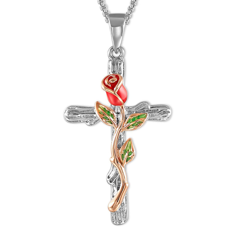 [Australia] - SNZM Rose Flower Cross Necklaces White/Rose Gold Pendant for Women and Girls Christmas Birthday Jewellery Gift for Her Mum Wife Red Rose 