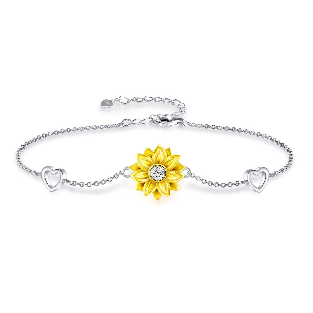 [Australia] - SNZM 925 Sterling Silver Bracelet for Women Adjustable Sunflower Heart Charm Bracelet Christmas Jewelry Gifts for Mum Girlfriend Birthday Yellow 