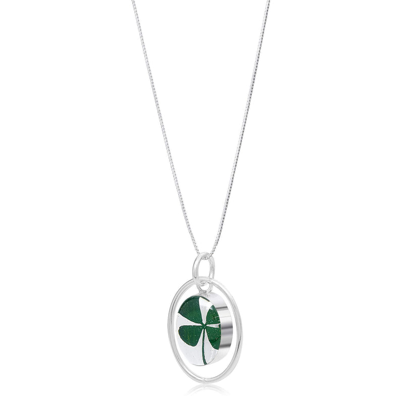 [Australia] - Shrieking Violet 925 Sterling Silver Oval Hoop Real Flower Pendant Necklace Four-Leaf Clover (Green) 