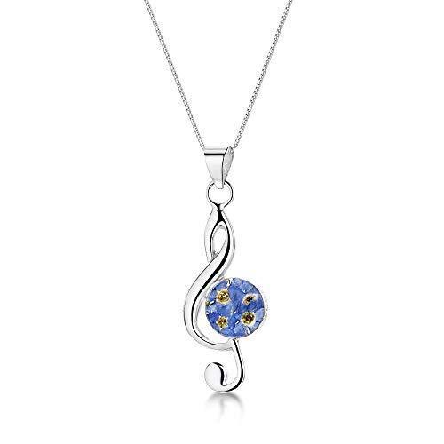 [Australia] - Shrieking Violet 925 Sterling Silver Treble Clef Real Flower Pendant Necklace Small Forget-Me-Not (Blue) 