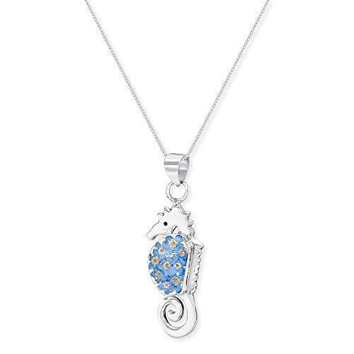 [Australia] - Shrieking Violet 925 Sterling Silver Seahorse Real Flower Pendant Necklace -- Forget-Me-Not (Blue) 