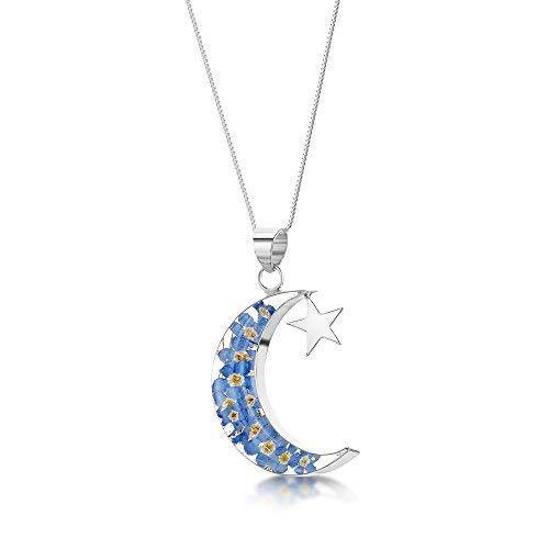 [Australia] - Shrieking Violet 925 Sterling Silver Moon and Star Real Flower Pendant Necklace -- Forget-Me-Not (Blue) 