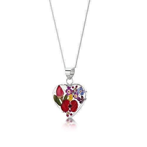 [Australia] - Shrieking Violet 925 Sterling Silver Heart Real Flower Pendant Necklace Mixed Flower 