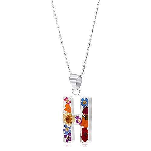 [Australia] - Shrieking Violet 925 Sterling Silver Letter Real Flower Pendant Initial Necklace -- Assorted Flowers (Multicolour) Letter "H" 