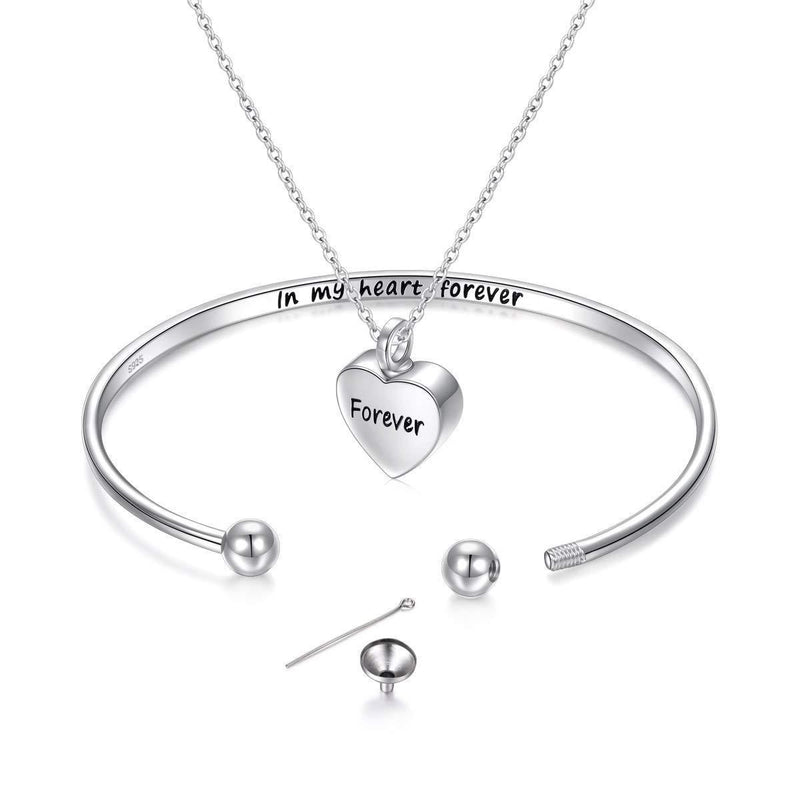 [Australia] - Cremation Jewelry 925 Sterling Silver Memorial Ashes Keepsake Urn Bangle Bracelet with Heart Drop Pendant Necklace Engraved in My Heart Forever Message Heart Bracelet with Chain 