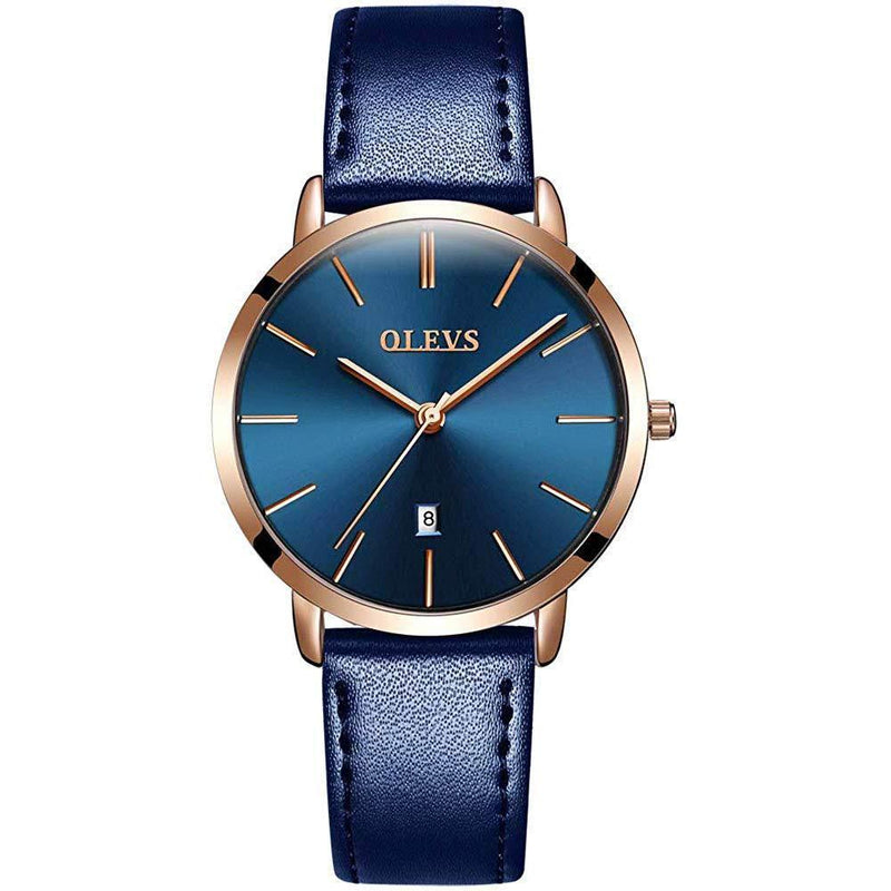 [Australia] - OLEVS Women Wrist Watches Ultra Thin 6.5mm Minimalist Business Dress Waterproof & Date & Leather Strap Slim Watches for Women Blue Leather&blue Dial 