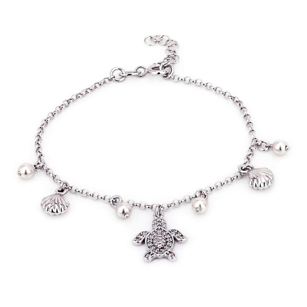 [Australia] - Vanbelle Sterling Silver Jewelry Dangling Multi Charm Sea Theme Turtle and Sea Shell Bracelet with Rhodium Plating for Women and Girls 